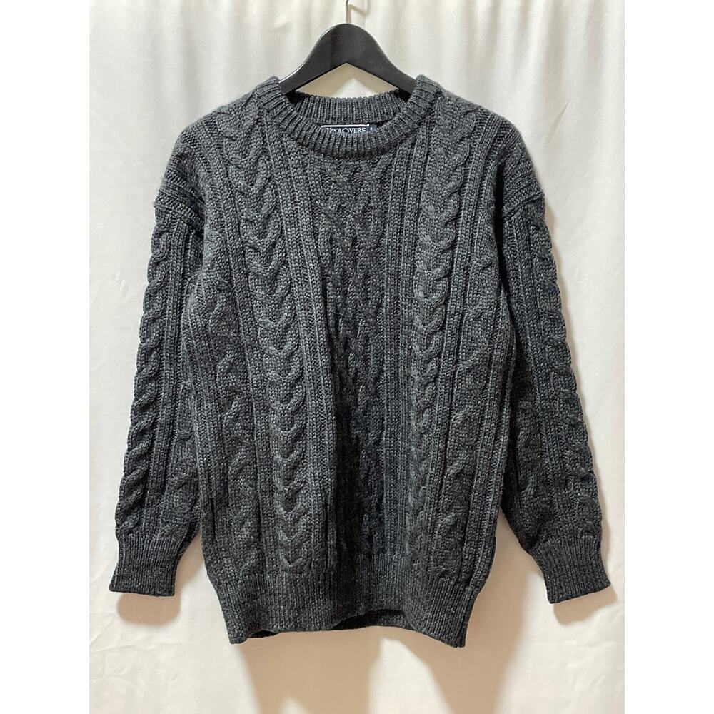 Woolovers Black Dark Grey Heavy Cable Knit British Wool Crew Neck Sweater S